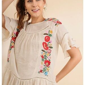 Altar'd State Cream Blouse with Colorful Floral Embroidery